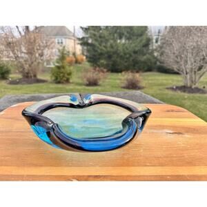Vintage Murano Style Art Glass Ashtray Bowl 9” Teal Turquoise Sommerso Heavy MCM